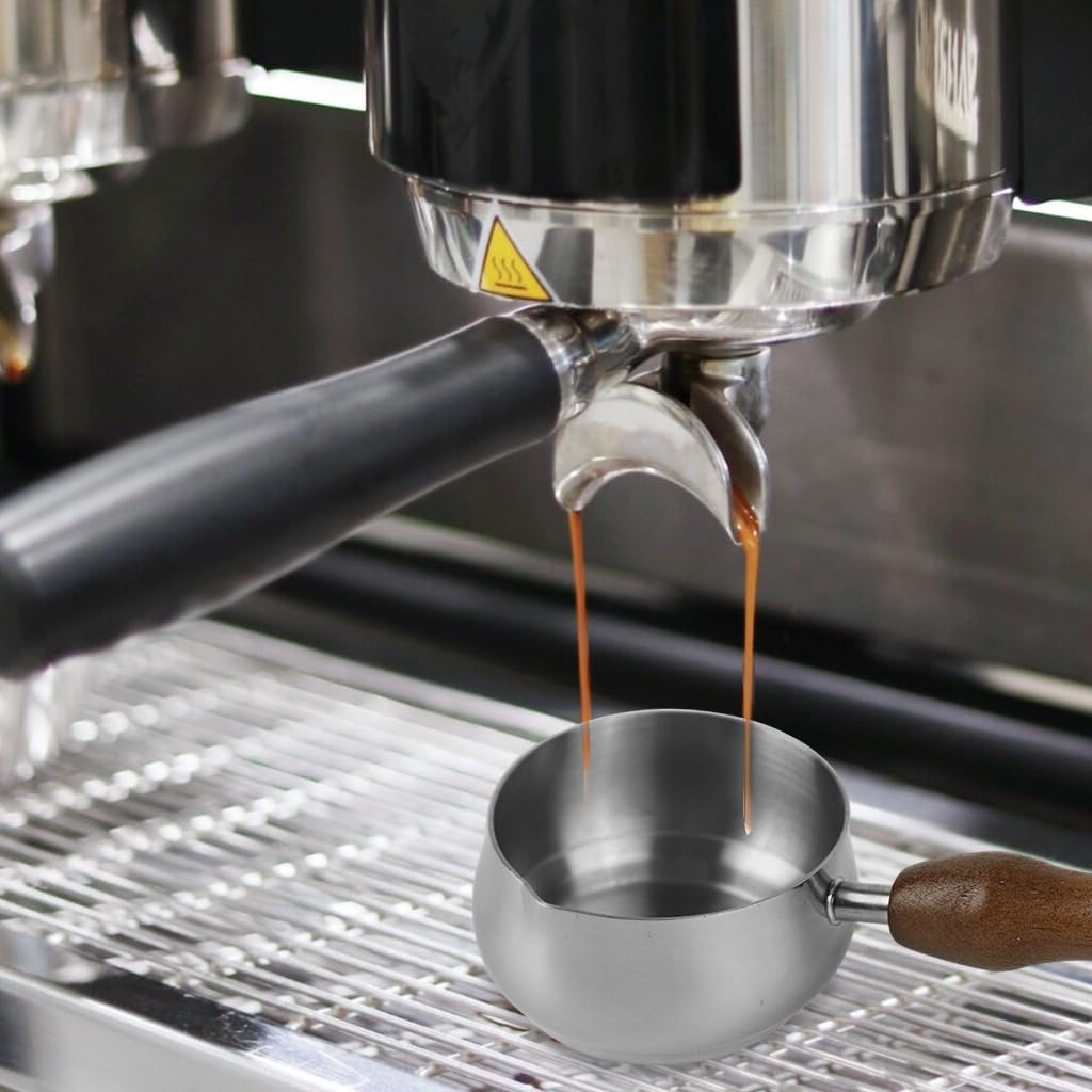 Supvox Espresso Shot Pitcher for Barista with 60ml Capacity featuring V Shape Spout and Wooden Handle