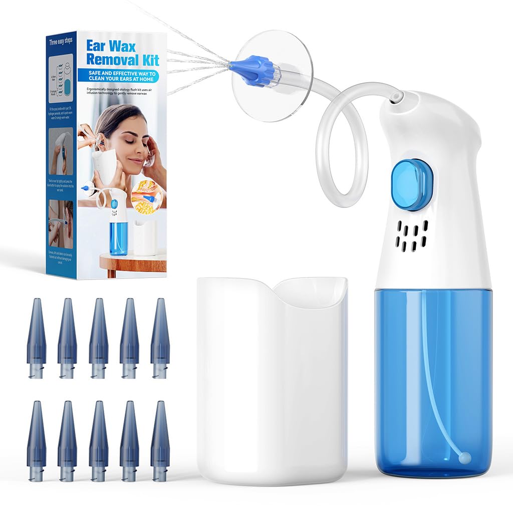 HANNEA® Manual Ear Irrigator Ear Wax Cleaner Long Pipe Ear Wax Removal Ear Canal Irrigator for Adults & Kids Ear Cleaning Rinser with 10Pcs Single Hole Nozzles, 1 Five Hole Nozzle, 250ml Water Cup