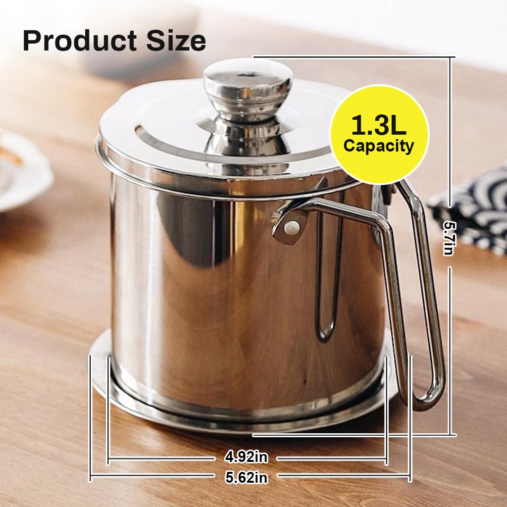 Supvox® Oil Container Oil Strainer 1.3L/45Oz Oil Pot with Lid & Handle 304 Stainless Steel Grease Keeper with Fine Mesh Strainer & Tray Oil Stainless Steel Oil Container Pot for Kitchen