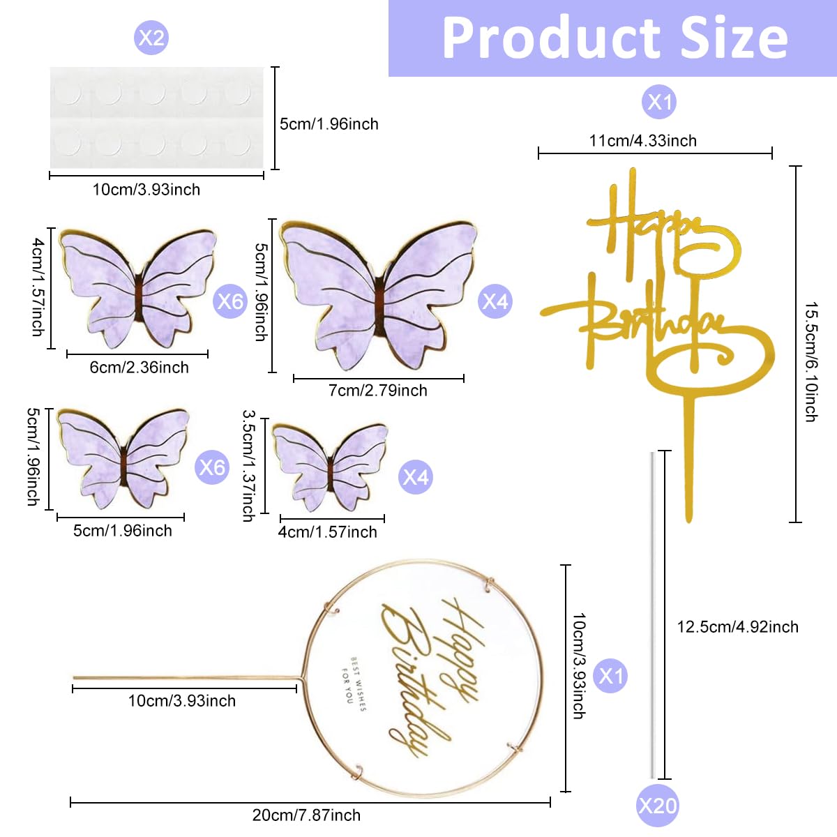 HASTHIP  22 pcs Cute Butterfly Cake Decorations,2 Cakes Decorate for Girl with 1 Happy Birthday Acrylic & 20 Butterflies & 1 Iron Circle in 1st to 25th Birthday Party(Purple & Pink)