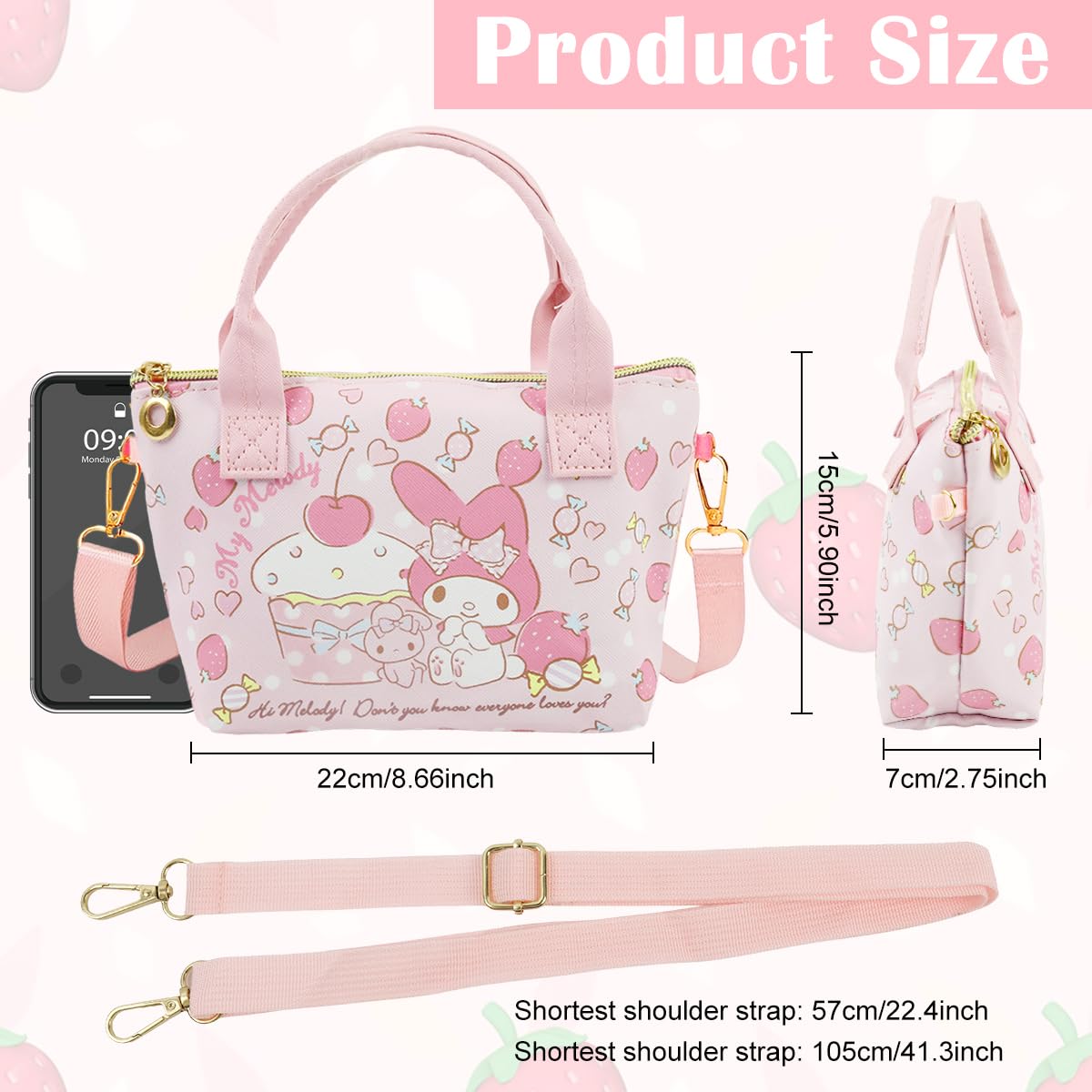 PALAY® Melody Hand Bag Kawaii Sanrio Small Tote Bag for Girls Pink Melody Shoulder Bag Small PU Tote Bag with Removable Shoulder Strap Crossbody Bag Christmas Gift for Girls Birdthday Gift, 16x7x22cm