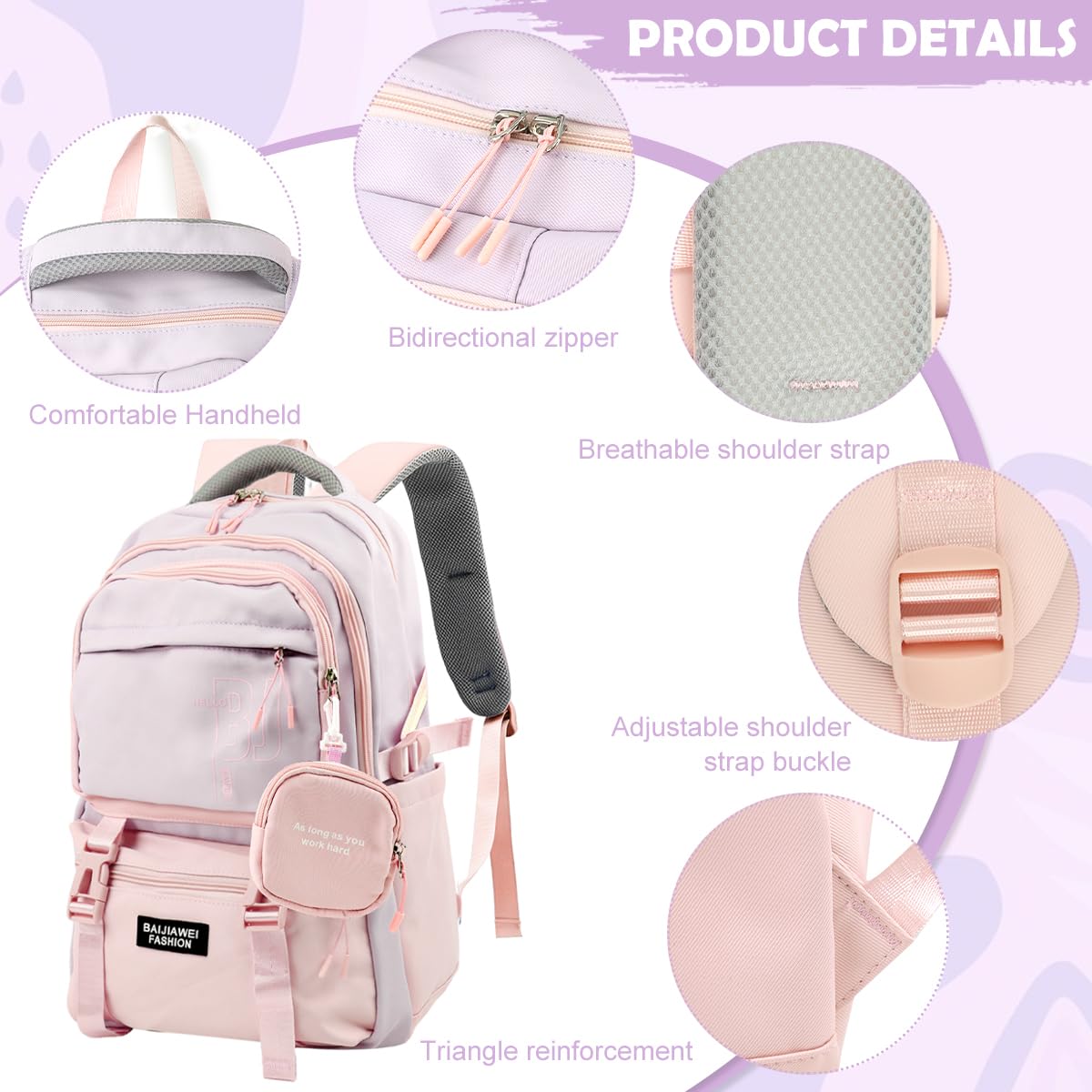PALAY Girls Backpack for School and Travel with Padded Straps & Multi Compartments | Pink Nylon 3 PCS Set