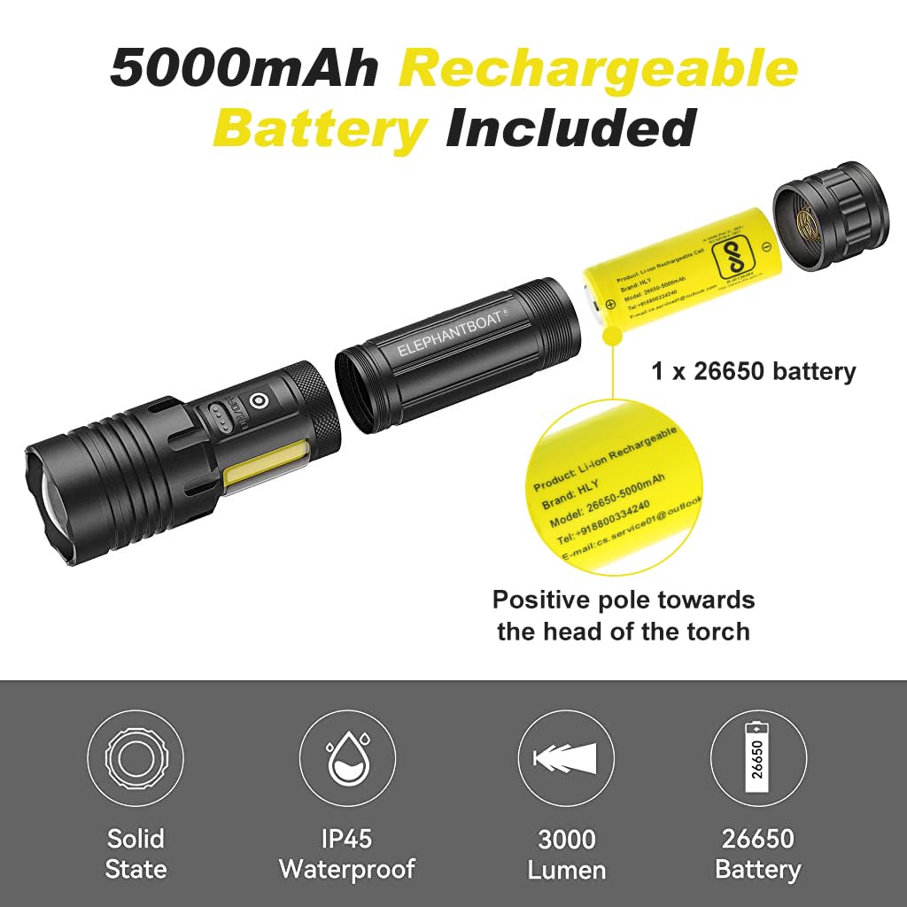 ELEPHANTBOAT LED Flashlight for Camping and Emergencies with Dual Light Source and 5000mAh Power Bank | IPX4 Waterproof Aluminum Torch