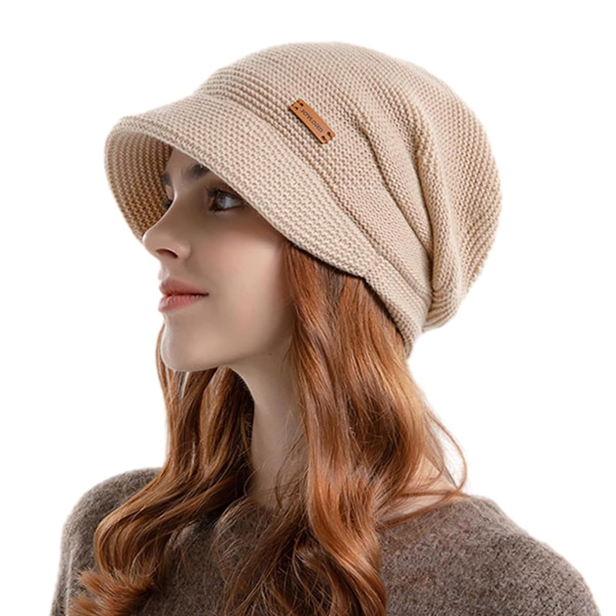 SANNIDHI Winter Cap for Women featuring Plush Lined Knit Fabric and Short Brim | Khaki Slouchy Beanie for Cold Weather