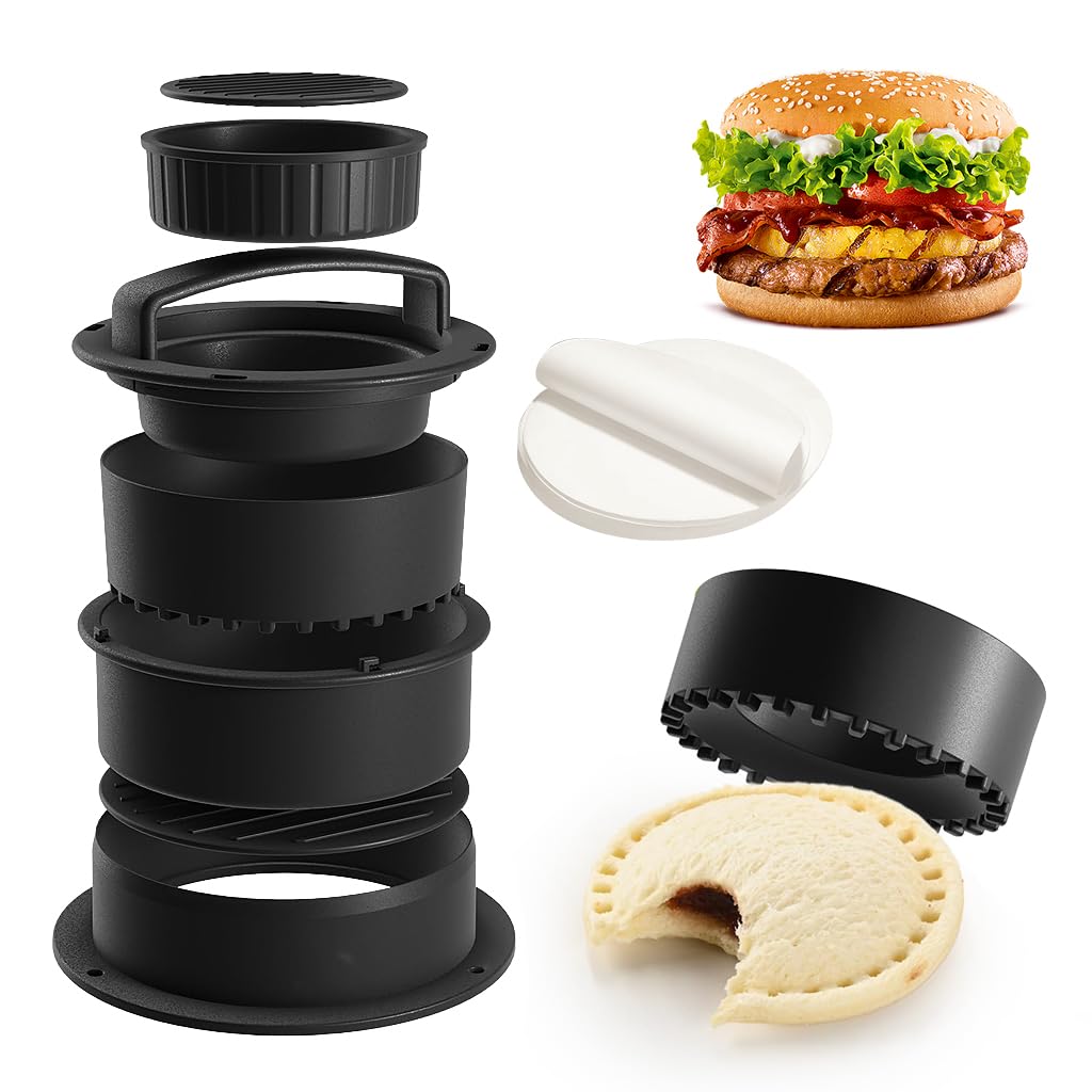 HASTHIP 4 in 1 Stuffed Burger Press Sandwich Maker Sealer Patty Maker Ring Mold Press Multi Size Burger Patties Press Stackable Kitchen DIY Burger Patty Shaper with 100 Pcs Non-Stick Patty Papers