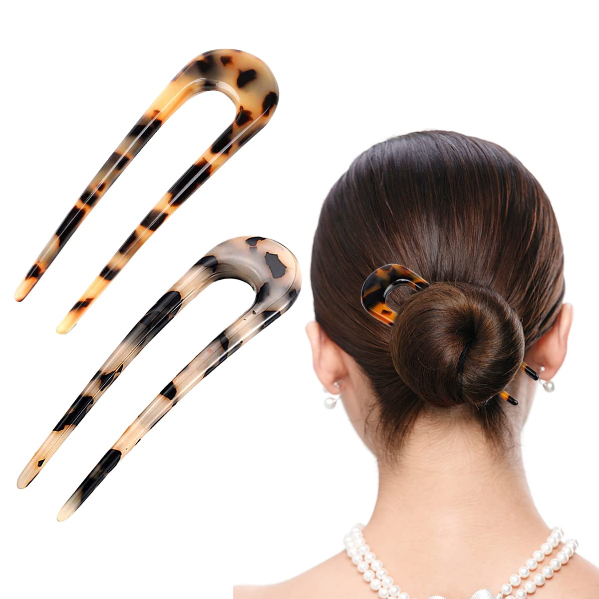 MAYCREATE Hairpin for Secure Hair Buns with 10 cm U Shaped Design and Amber Texture | 2 Pcs Set