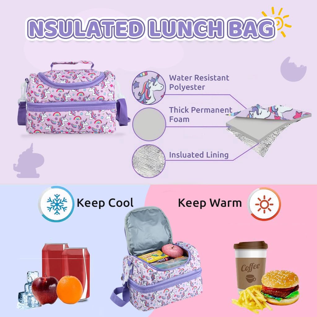 HASTHIP® Girls Lunch Tote with Removable Shoulder Strap Kawaii Purple Unicorn School Girls Bento Box Tote Bag Double Layer Insulated Lunch Bag Camping Lunch Tote Bag Insulated Food Bag, 25x15x16cm