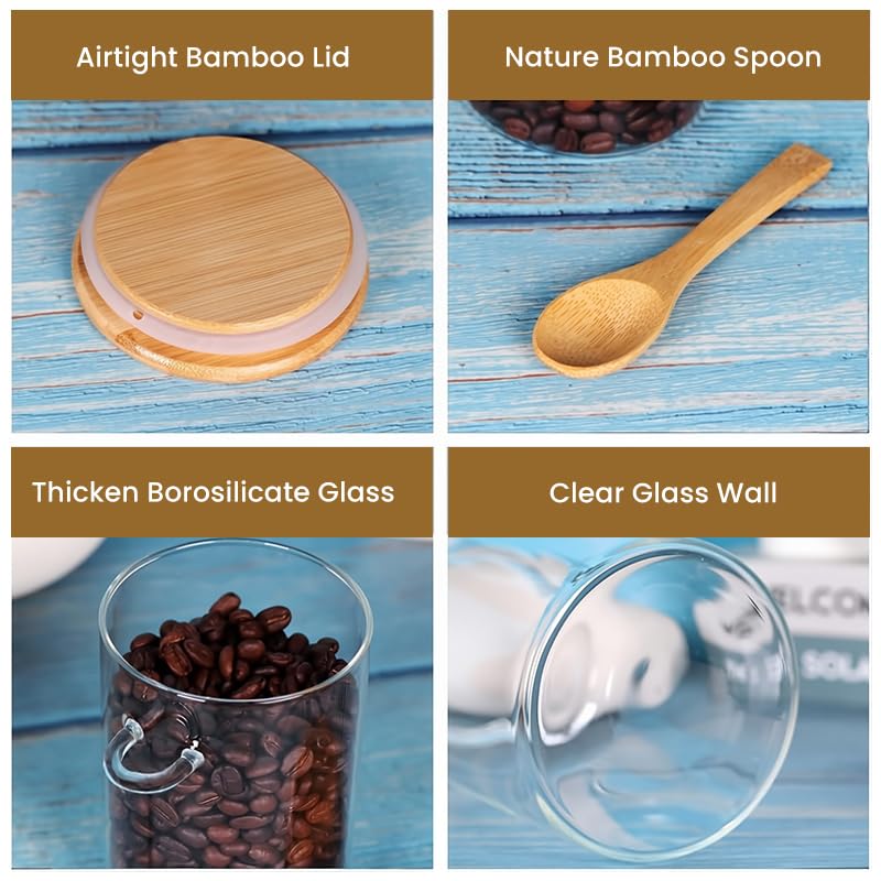 Supvox Glass Spice Jars for Kitchen Storage with Airtight Wooden Lids & Spoons 450ml Pack of 3