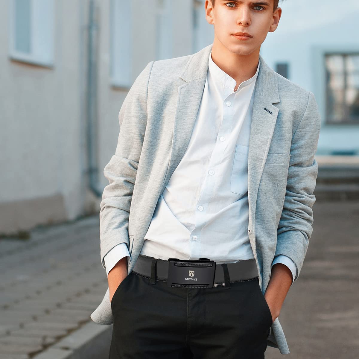 GUSTAVE Leather Belt for Men with Auto Lock and Adjustable 125–130 cm Length | Black