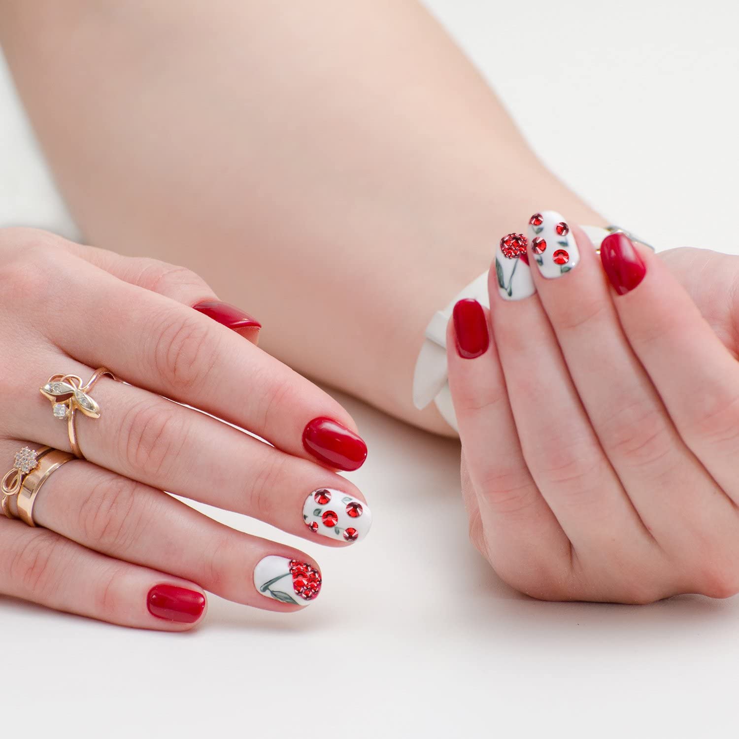 MAYCREATE Rhinestones Nail Art Kit for Manicure with 12 Grid Box featuring Tweezers & Picking Pen | Red Flatback 3D Gems 6 Sizes