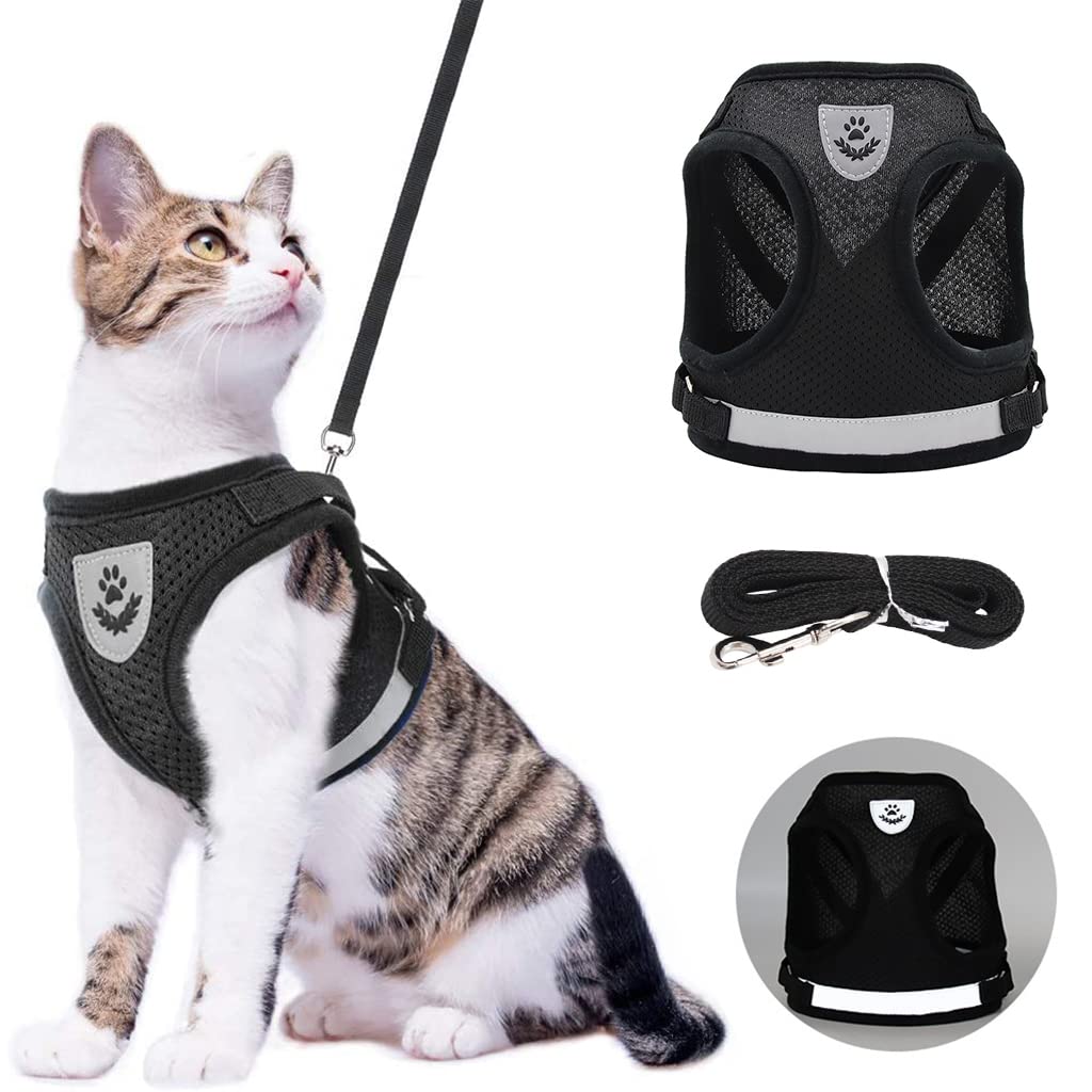 Qpets® Cat Vest Harness & Nylon Webbing Leash Set Outdoor Anti-Escape Pet Harness Walking Harness Safety Reflective Strip Cat Harness Breathable All Season Use Cat Vest Harness, Size M