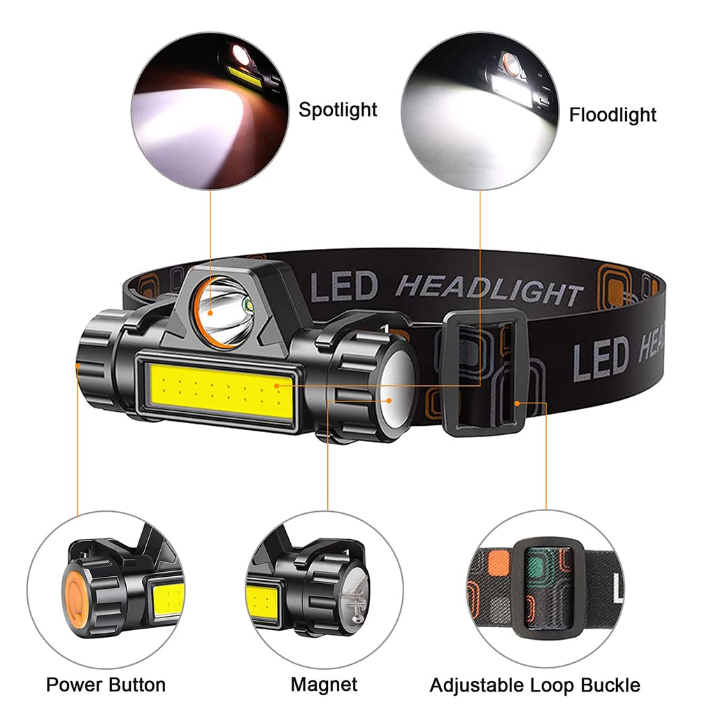 HASTHIP 2Pcs Head Light for Outdoor Camping Fishing Running Hiking, Waterproof Ultra Bright and Zoomable Head Torch, Detachable and Rechargeable Magnetic LED Headlamp with USB Cable