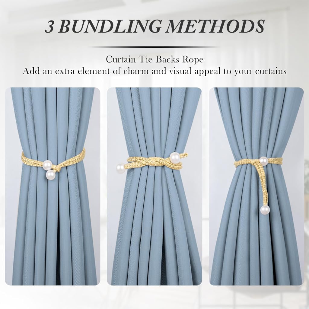 ZIBUYU Curtain Tiebacks for Drapes featuring White Sliding Beads | 6 Pcs 16.9 in Golden Set