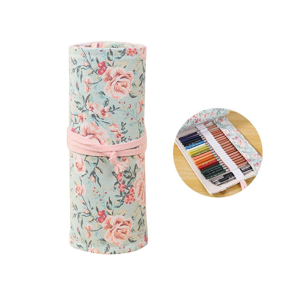 PATPAT Colored Pencil Wrap Case for Organizing 48 Pencils with Canvas Roll | Pink Floral Pattern for Artists and Students