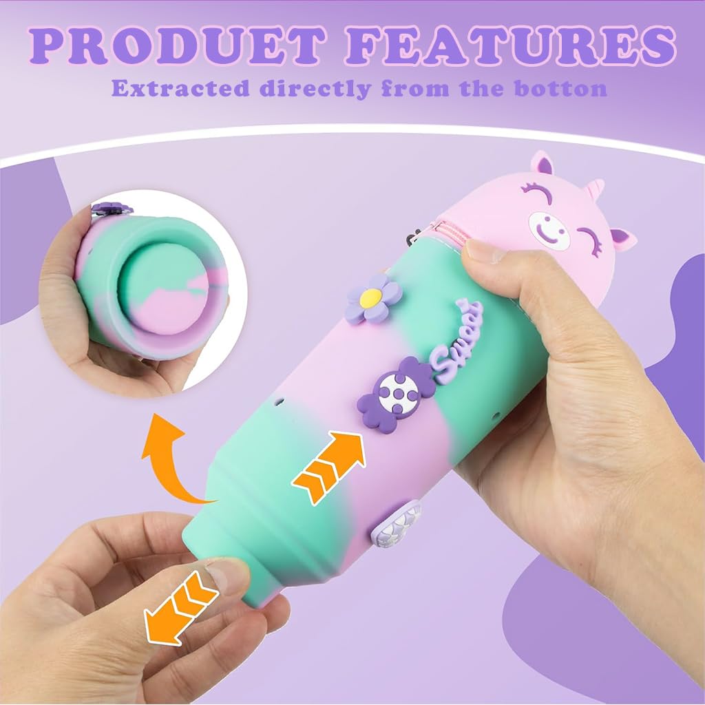 Climberty Unicorn Pencil Pouch for Girls with Multi Hole Design and Cute Charms | Pink Silicone Pen Holder for School