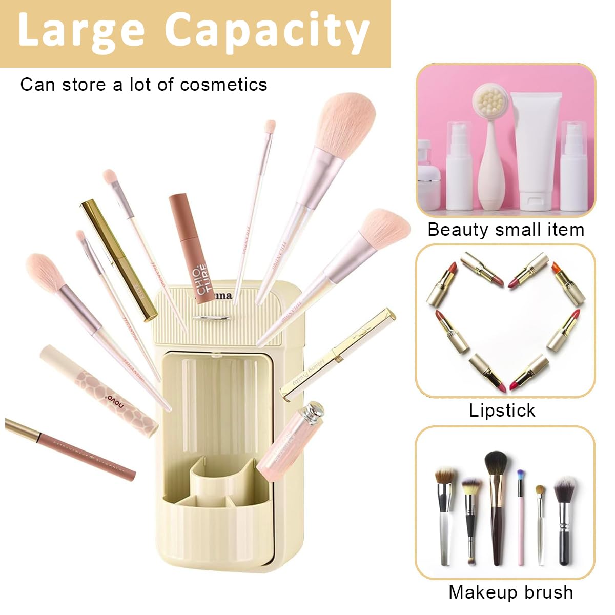 Venzina Wall Mounted Makeup Brush Holder for Bathroom featuring 360° Rotating Organizer | Self Adhesive Drawer Design