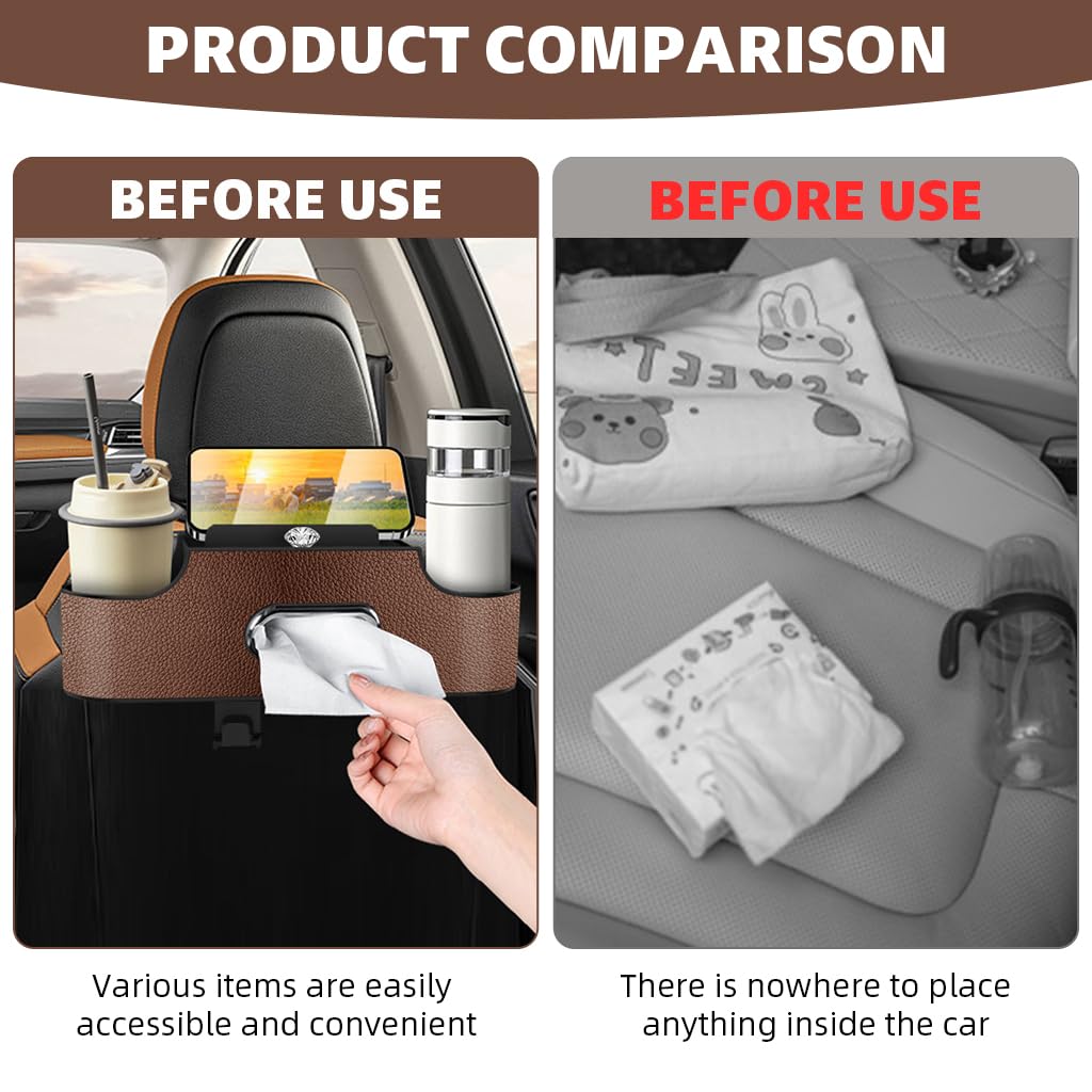 STHIRA Car Organizer for Back Seat with Dual Compartment Cup Holder and Hooks | 3PCS PU Plastic Design