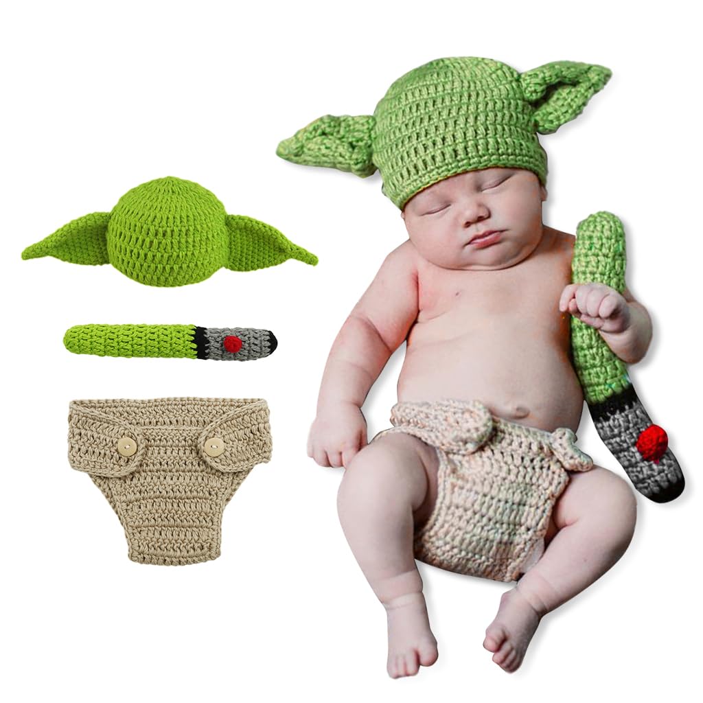 PATPAT Baby Yoda Crochet Costume Set for Newborn Photoshoots with Hat and Lightsaber Toy | Soft Green Yarn Outfit for 0–1 Month Boys