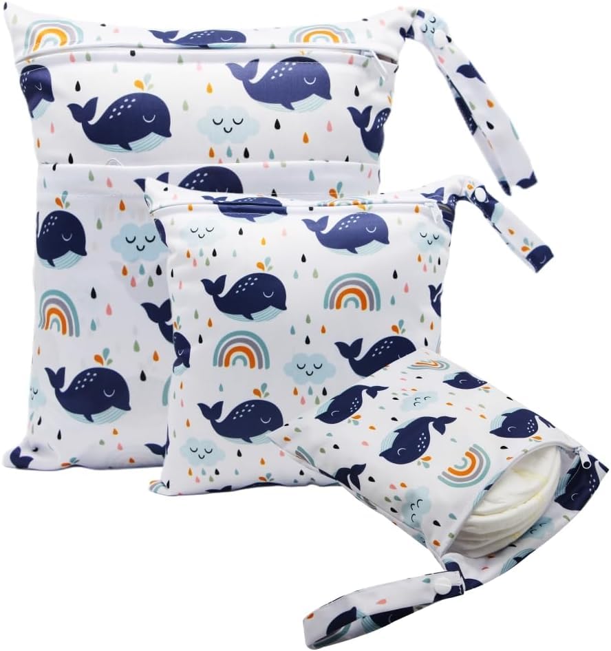 SNOWIE SOFT® 3Pcs Baby Diaper Pouches Cartoon Print Zip-up Cloth Bags with Hand Strap, 3 Sizes, Utility Storage Pouches Travel Bags for Baby Clothes, Baby Supplies, Underwear, Wardrobe Accessories