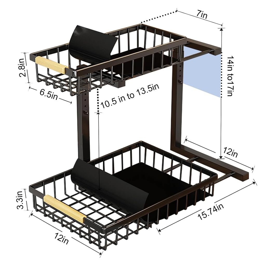 Supvox® Kitchen Organizer Under Sink Organizer Pull Out Double Layer Storage Rack Adjustable Height DIY Assembly Under Countertop Organizer Cabinet Organizer Carbon Steel Metal Cabinet Organizer