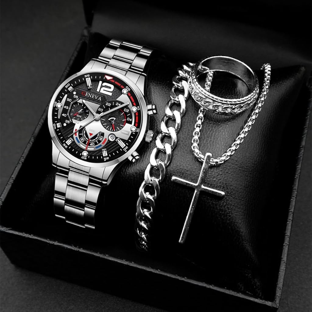 Proberos® 4pc Watch Bracelet: Mens Black Steampunk Goth Black Mens Cuban Curb Link Chain Stainless Steel Retro Gothic Style Cocktail Party Biker Pendant Necklace （Silver）
