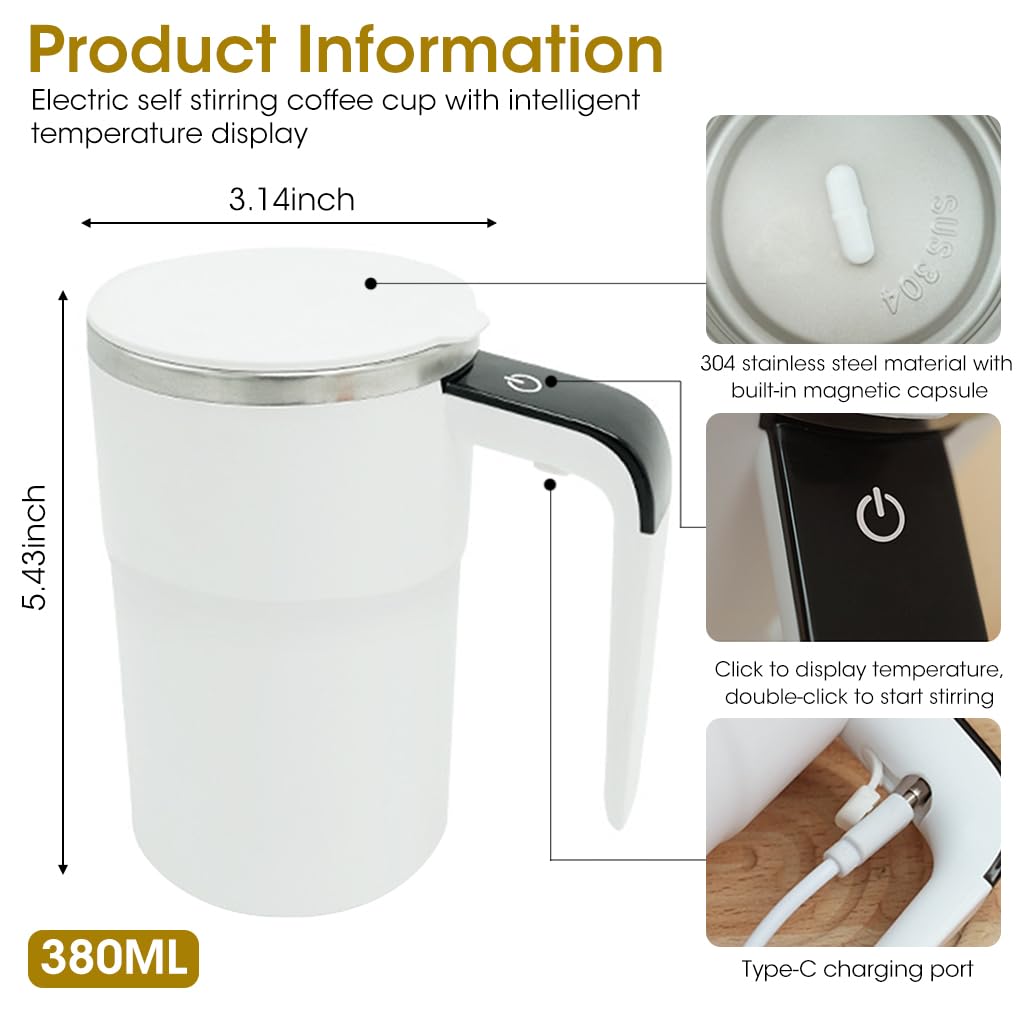 Zeitel Self Stirring Mug for Coffee and Tea with 380ml Capacity and Magnetic Mixer | 304 Stainless Steel Rechargeable Cup