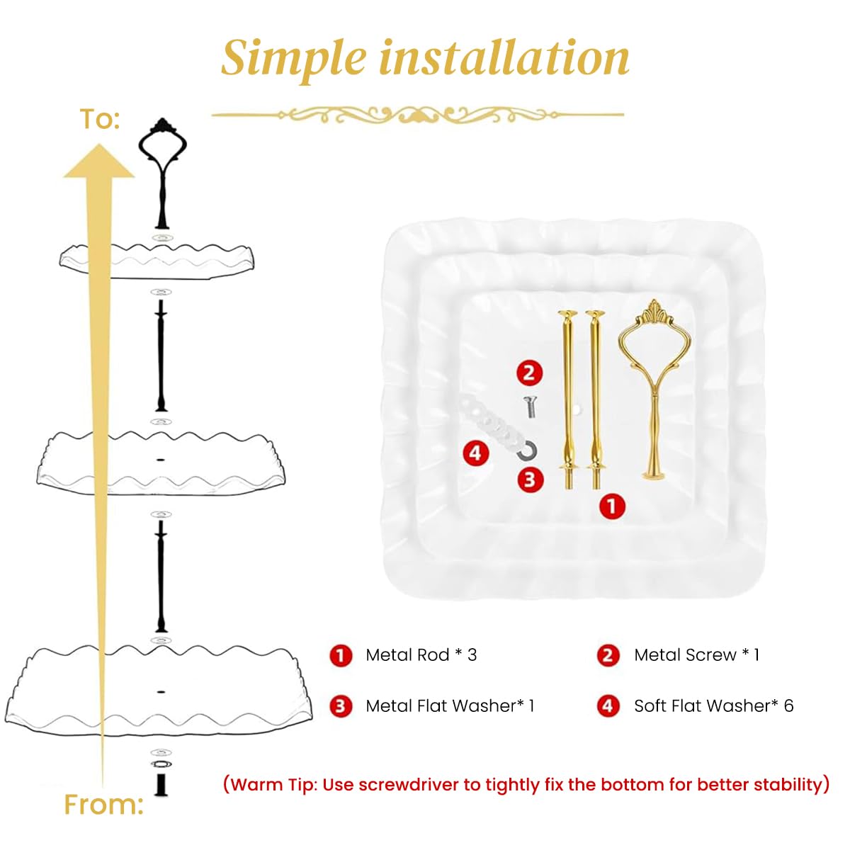 Supvox® 3-Tier Cake Stand Holder Fruit Dessert Display Stand Buffet Stand Food Rack Cupcake Stand  Snack Platter for Hosting Guest Party Wedding Tea Party-Recommended for Installation with Tools