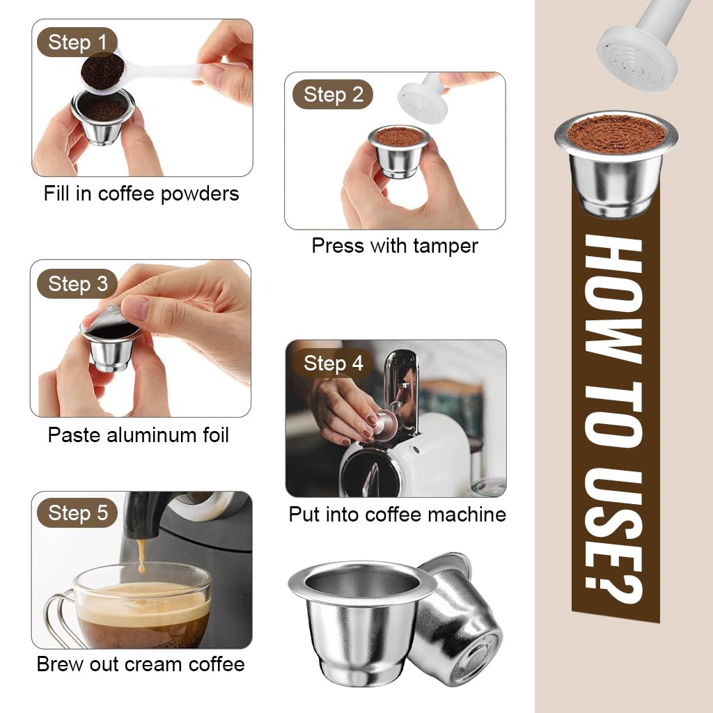 Supvox Reusable Stainless Steel Coffee Capsule with 100 pcs Foil Film Covers and PP Tamper | Sustainable Espresso Brewing Set
