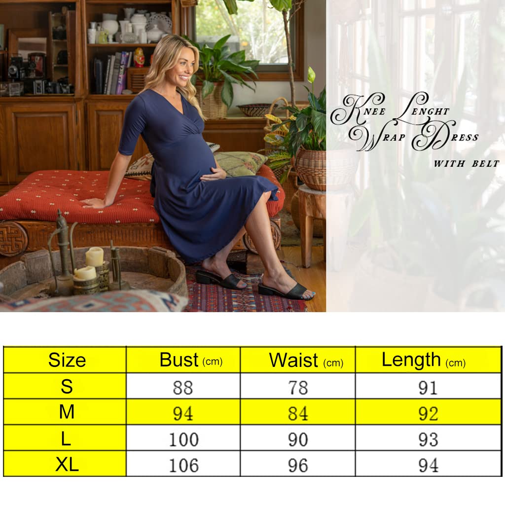 PALAY® Maternity Dress for Women with Fasten Belt, Stylish V-Neck Pregnancy Dress for Nursing Pre and Post Pregnancy, Knee Length Western Maternity Dress (M)