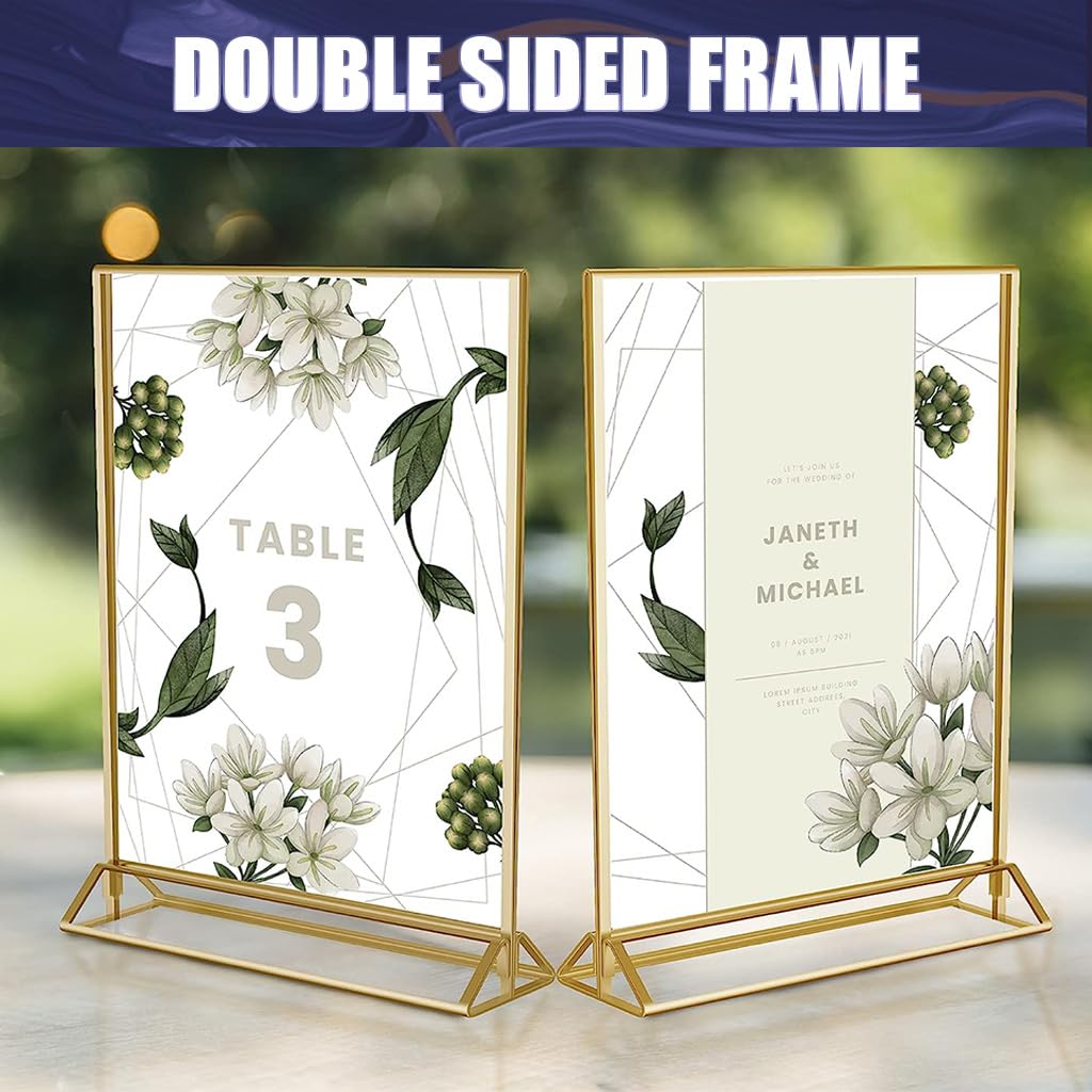 Climberty® 6Pcs Acrylic Gold Sign Holders, 4x6 inch Clear Picture Frames with Gold Borders and Vertical Stand, Double Sided Table Menu Display Stand for Restaurant Signs, Wedding Table and Photos