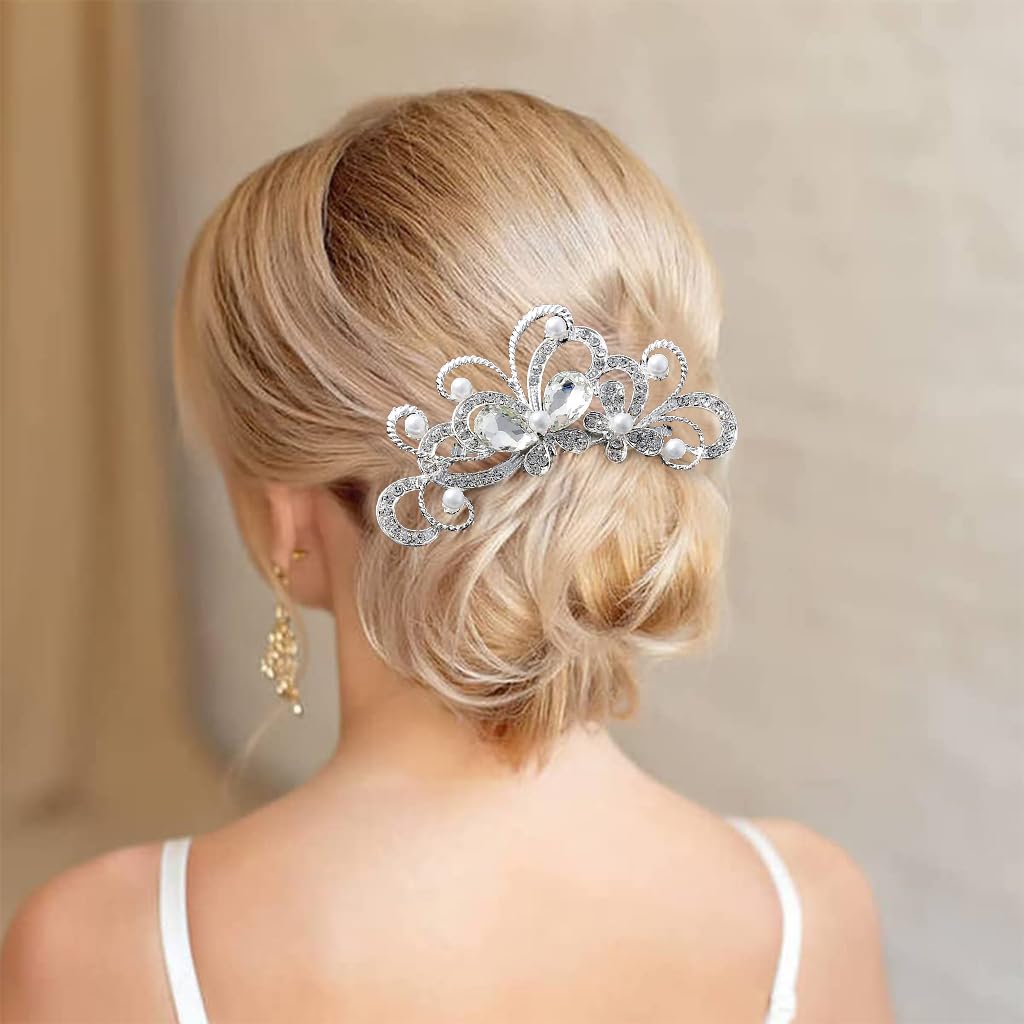 PALAY Bridal Hair Clips for Wedding with Alloy and Rhinestones 11.5×6.2cm | 2 Pcs Set