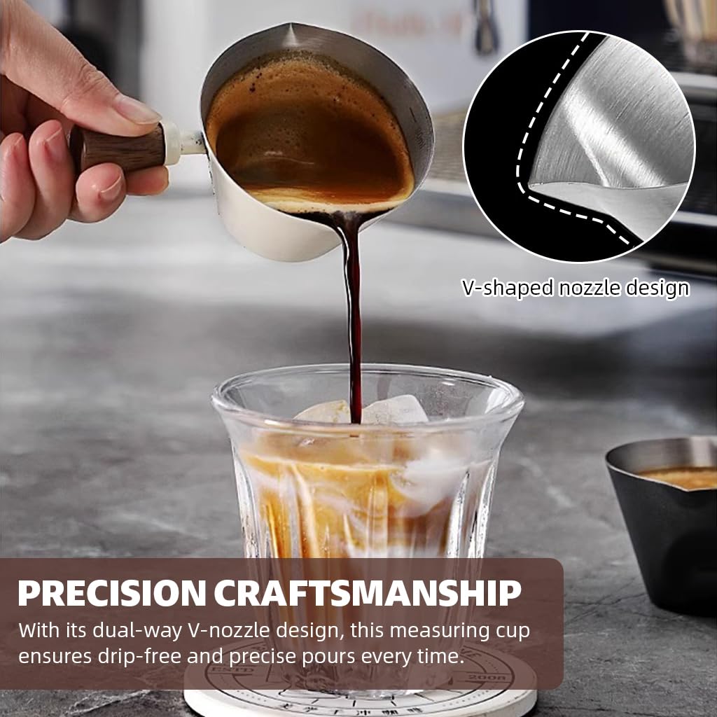 Supvox Espresso Coffee Cup 90ml for Brewing and Measuring with Dual-way V-nozzle | Brushed Stainless Steel and Wooden Handle