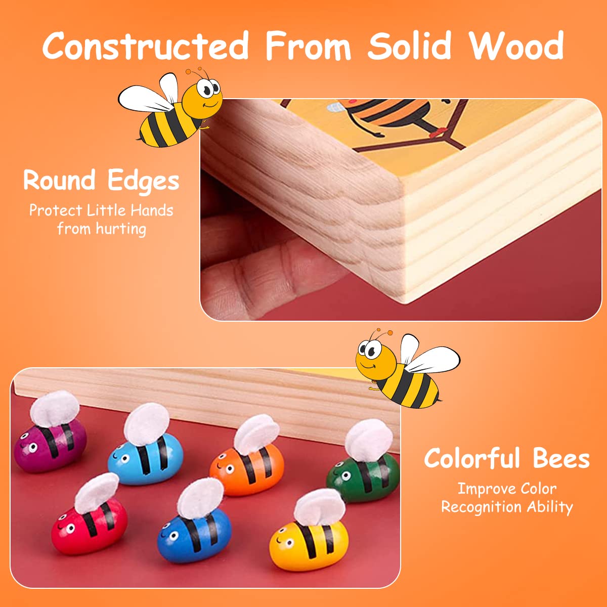 PATPAT Color Sorting Toys for 1 Year Old, Wooden Toys for Kids, Bee to Hive Matching Toy, Fine Motor Skills Toy Montessori Toys Sensory Toys for Kids, Busy Board for Toddlers 1-3, Children's Day Gift
