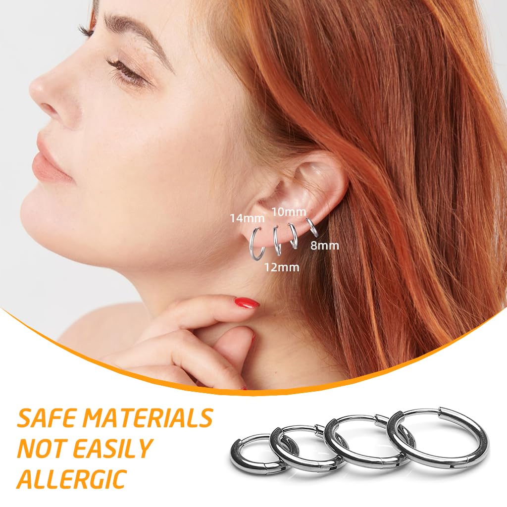 SANNIDHI® 4 Pairs Hoop Earrings for Women Men Stylish Stainless Steel 8mm 10mm 12mm 14mm Cartilage Surgical Hoops Girls Silvercolor 3PCS