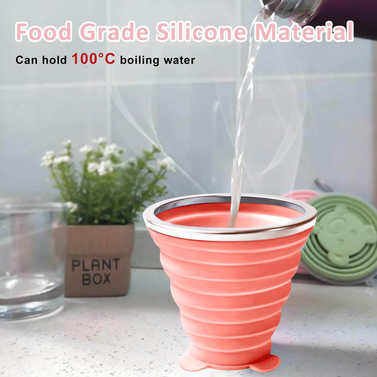 HASTHIP Collapsible Cup Set for Travel and Camping with Lids 4 Pack 180mL Silicone Pink&Green