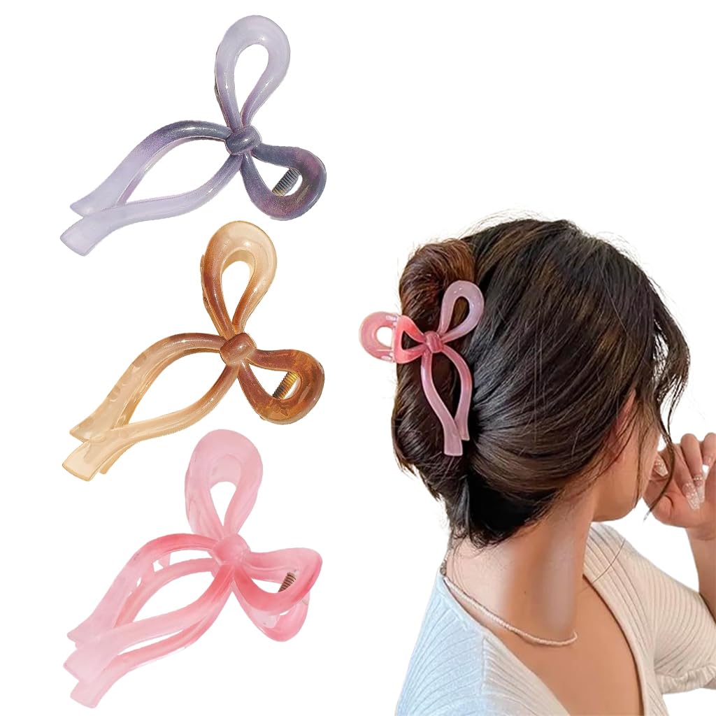 Venzina Bow Hair Claw Clips for Women with Strong Spring Hold | 3 Pcs Multicolor Set