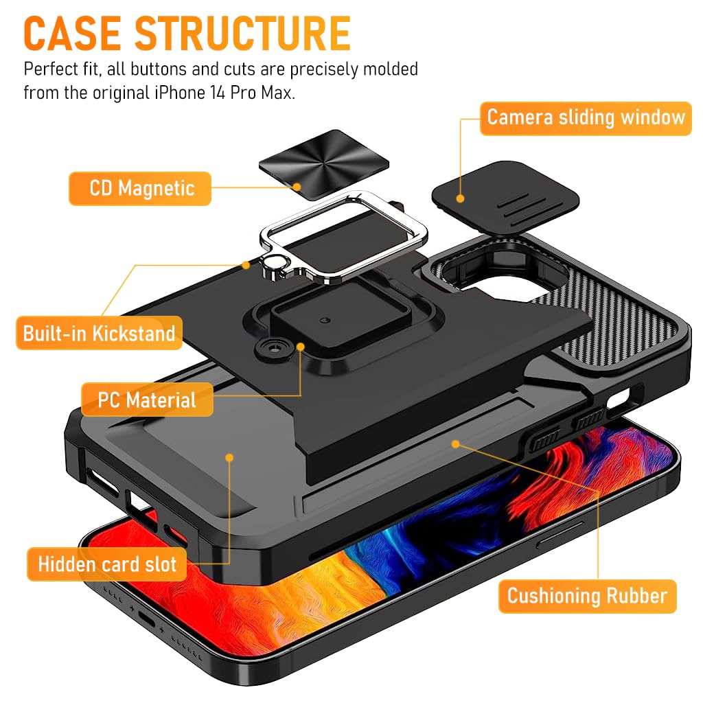 ZORBES Phone Case for iPhone 14 Pro Max 6.7 Inch with Folding Ring Grip and Card Slot | Sliding Camera Cover TPU Protection Black