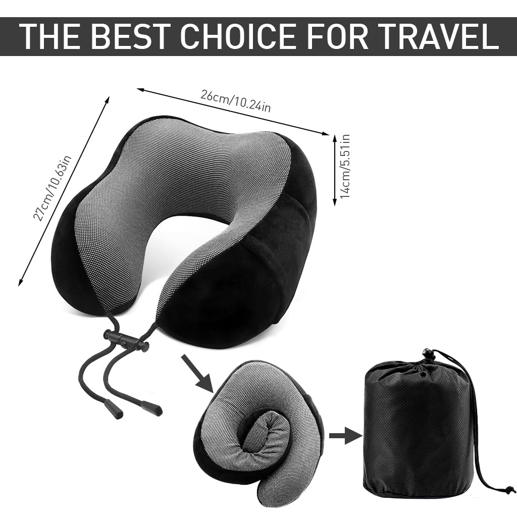 ZIBUYU Memory Foam Neck Pillow Set U-shape Neck Pillow Airplane Travel Sleeping Neck Pillow Set with with Eye Mask, Ear Plugs & Storage Bag