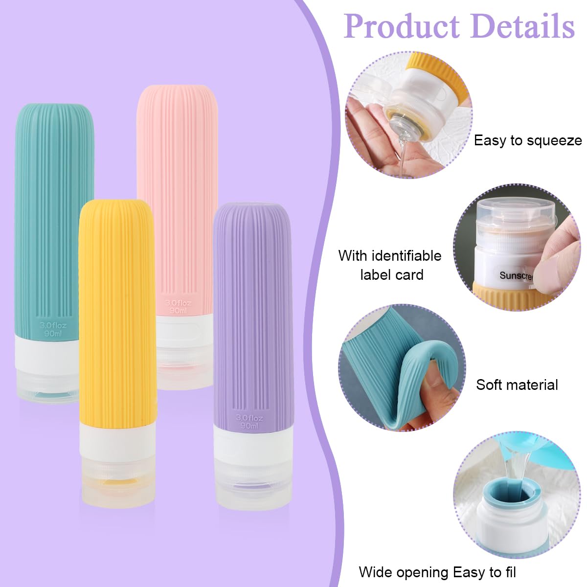 MAYCREATE Toiletries Travel Bottle Set for Air Trips with Leakproof Flip Lids and 90ml Silicone Bottles | Includes 40ml Cream Jars