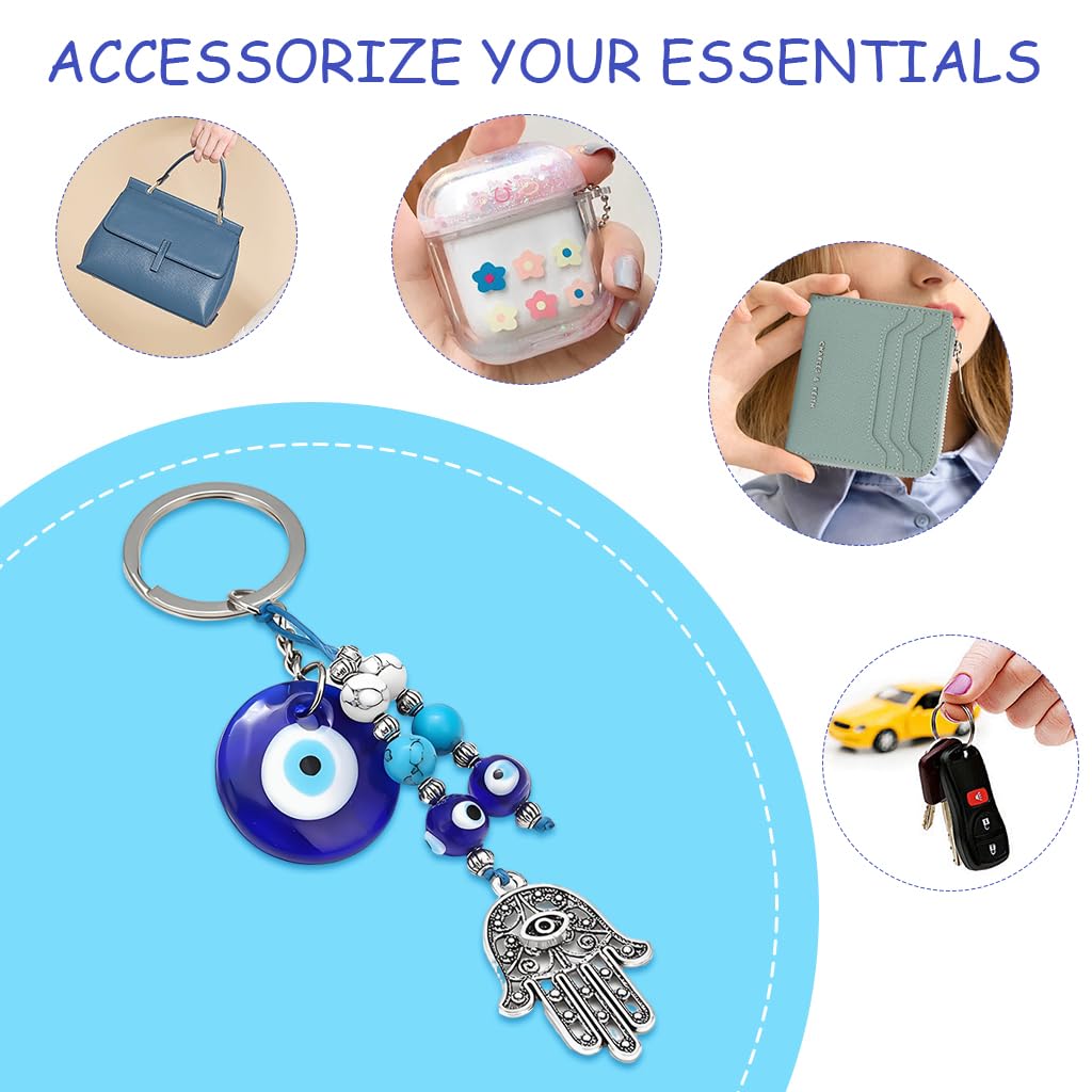 SANNIDHI Bag Charms Evil Eye Keychain with Blue Beads Palm Pendant for Women | Good Luck Gift