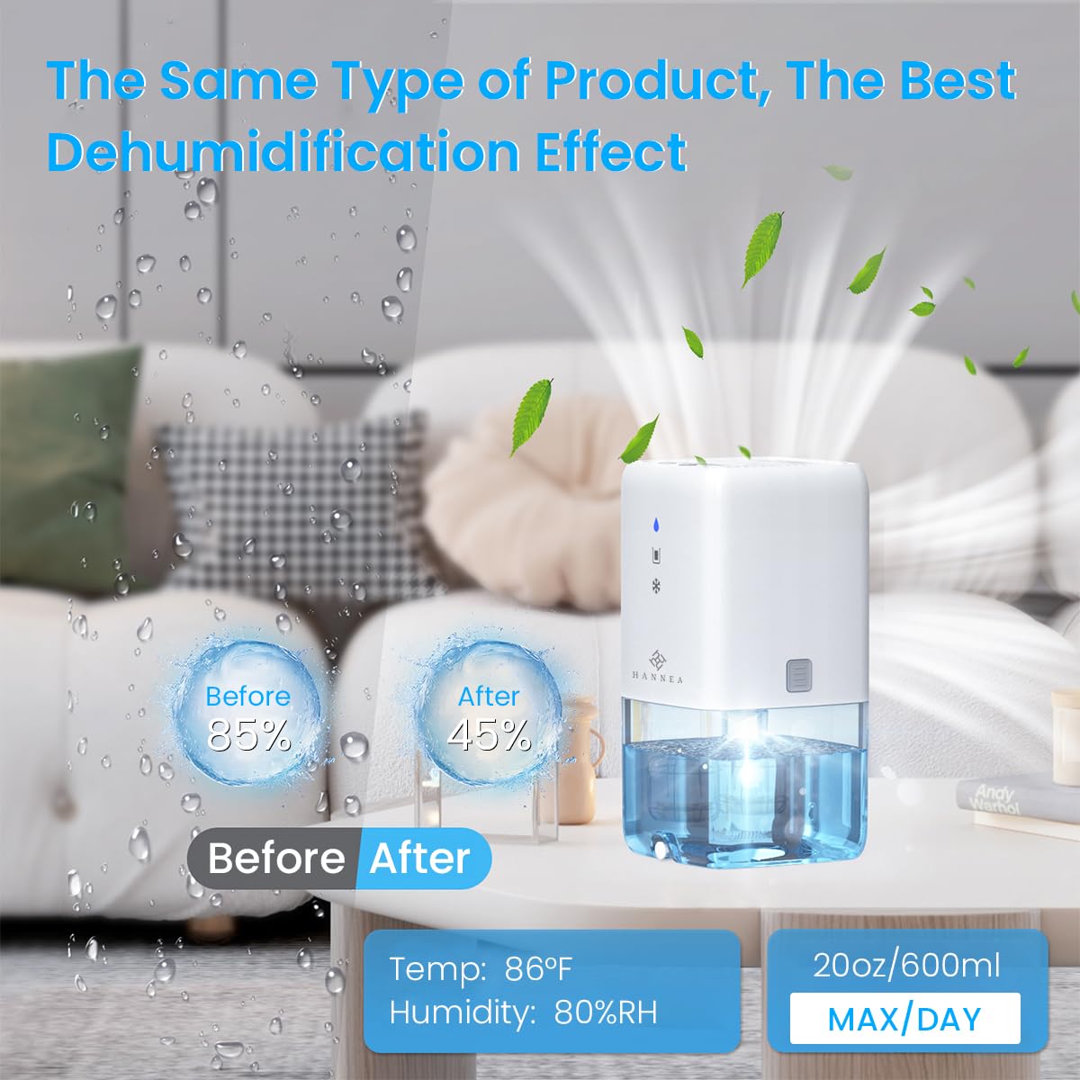 HANNEA Dehumidifier for Home and Bedroom with 1.2L Tank and Dual Drainage System | Quiet 40dB Operation