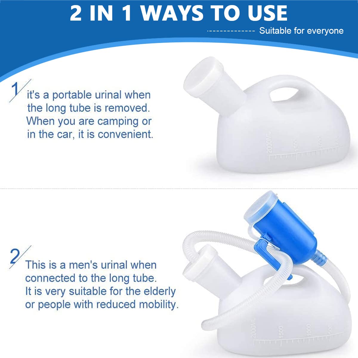 HANNEA Urine Collector for Men with 5.2ft Tube and 2000ml Capacity | Reusable Leakproof Travel Urinal