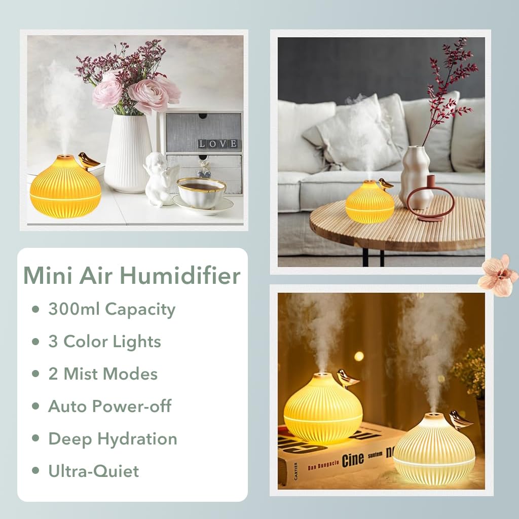 HASTHIP Mini Air Humidifier for Home and Office with 300ml Tank & Ultrasonic Mist | Warm LED Light