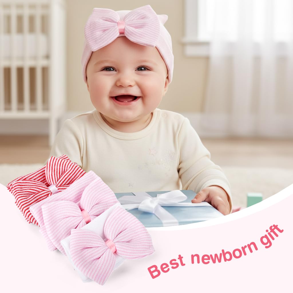 SNOWIE SOFT Baby Caps for Newborns featuring Bow Knot Design and Striped Cotton | 3pcs Gift Set