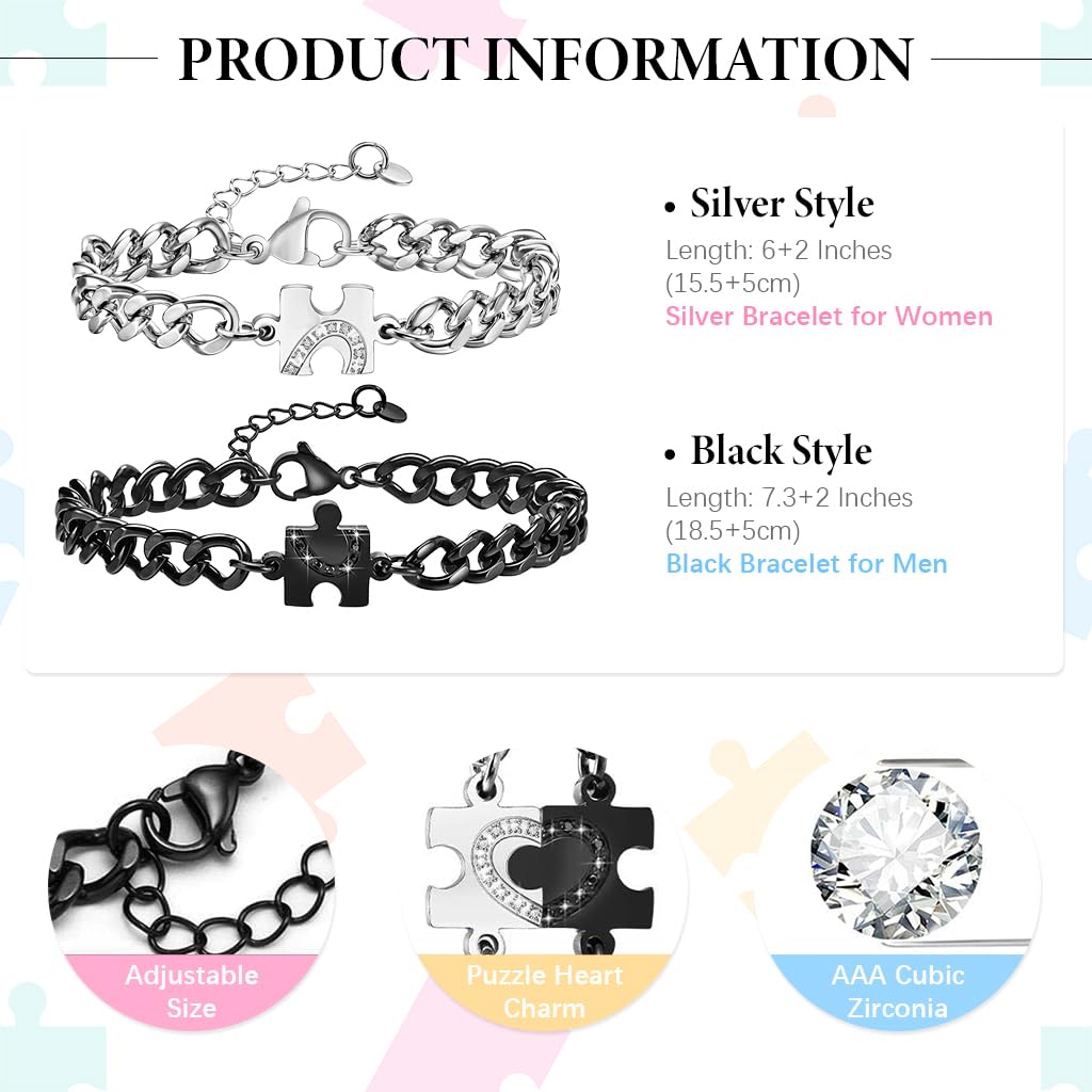 SANNIDHI Couple Bracelets for Anniversary Gift with Heart Puzzle Charm in Silver and Black