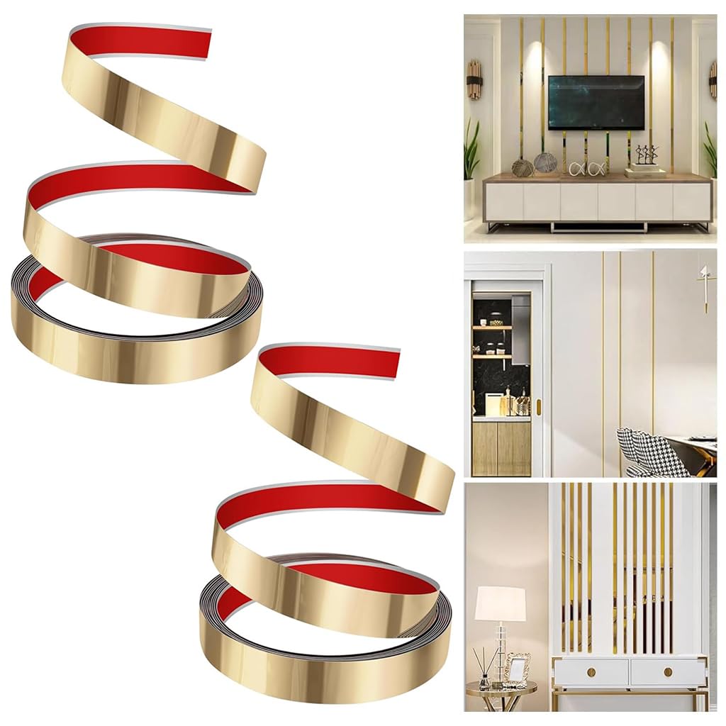 HASTHIP® 2 pack16.4ft Golden Metal Trim Wall Strip for Wall Ceiling Floor Cabinet Tile Edge Moulding, 201 Stainless Steel Self Adhesive Peel and Stick Wall Trim