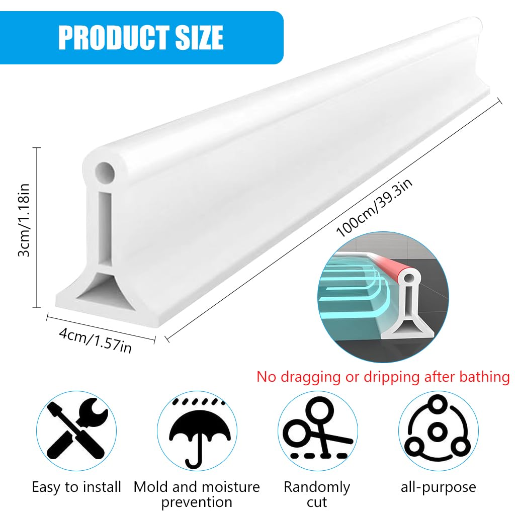 HASTHIP® 3.3ft Shower Threshold Water Dam Flexible Shower Water Guard Self Adhesive TPE Shower Water Dam Splash Guard for Kitchen Countertop Sink, Cooktop, Bathroom Tub, with 1Pc Waterproof Glue