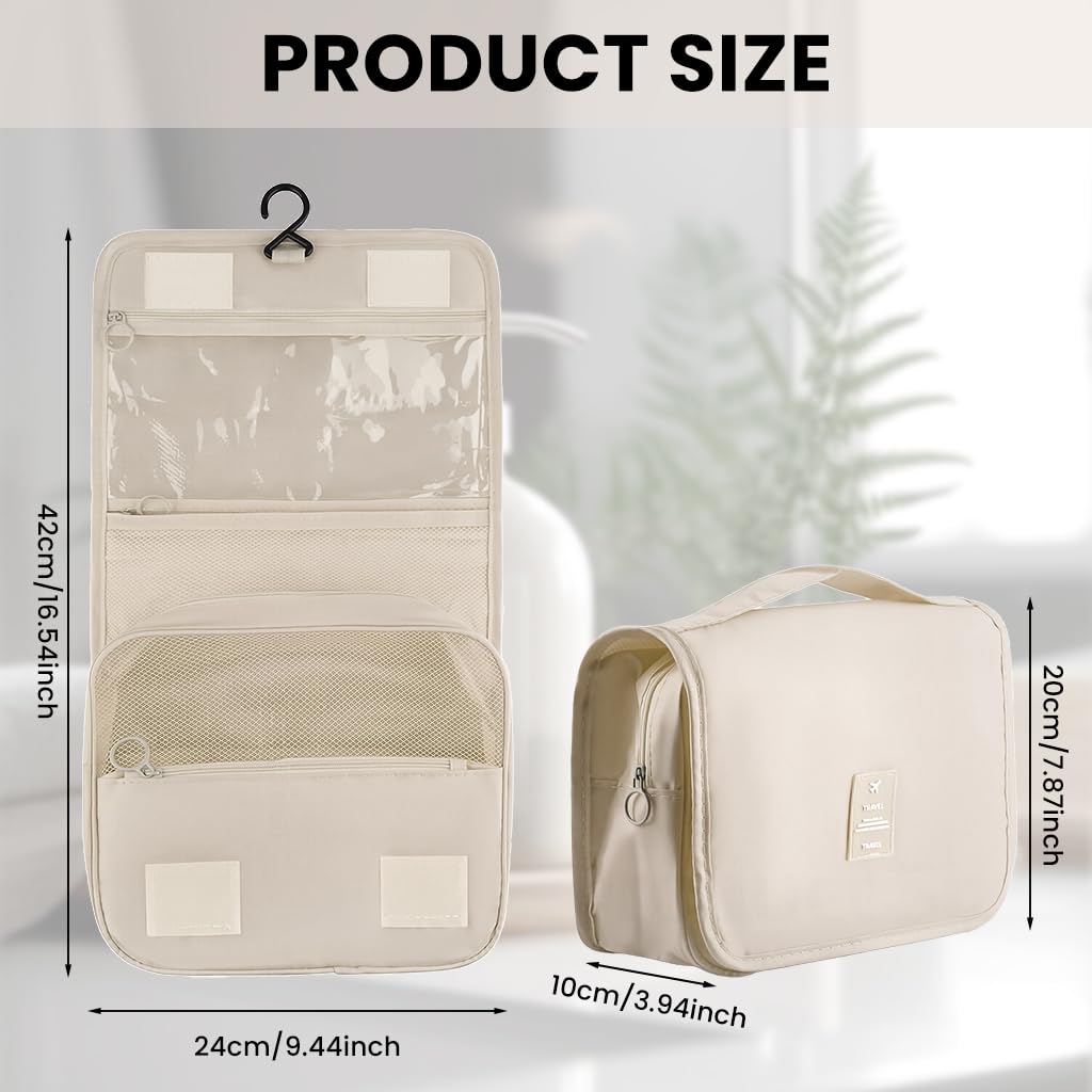 ZIBUYU Travel Toiletry Bag for Trips with 4 Compartments and Hanging Hook | Beige 11 x 7.75 x 3.35 in