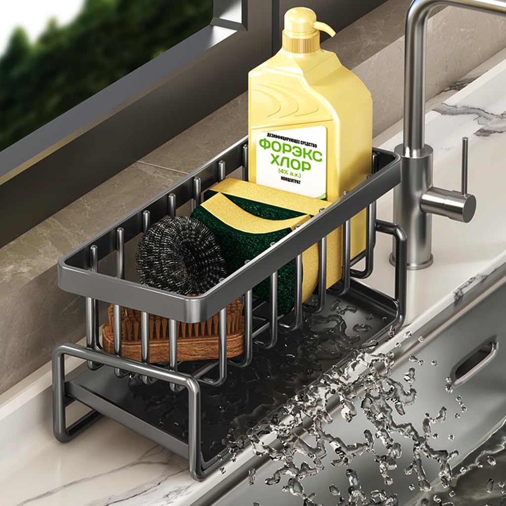 HASTHIP Kitchen Sink Organizer for Sponges and Soap 23x9x10cm featuring Slanting Drainer Panel