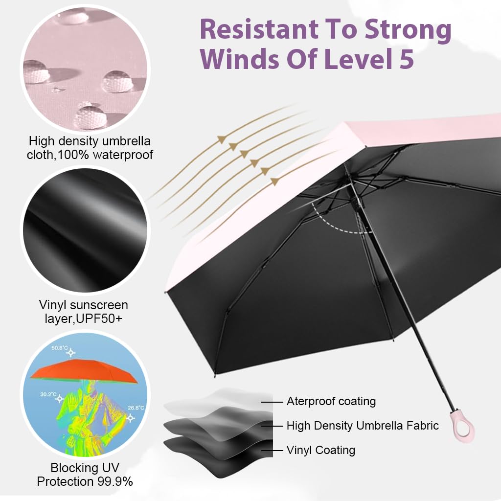 PALAY® Mini Sun Umbrella UPF 50+ Sun Protective Sun Umbrella with Black Liner 6 Strong Ribs Design Fashion Outdoor Folding Umbrella Travel Lightweight Umbrella with Rubberized Loop Handle